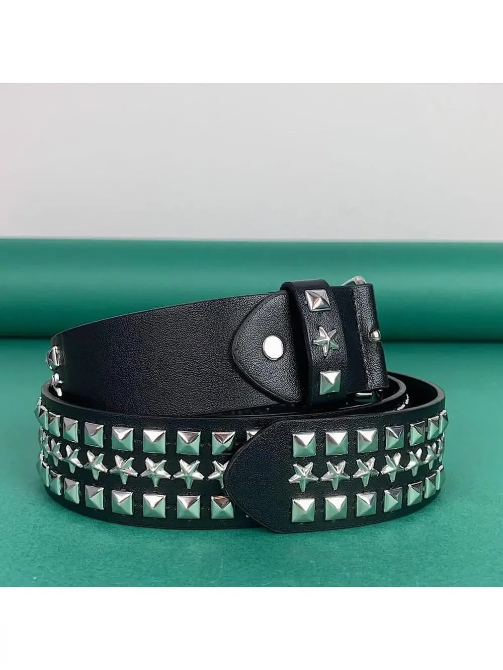 Y2k Cyber 2000s style star studded grunge emo black and silver belt. High